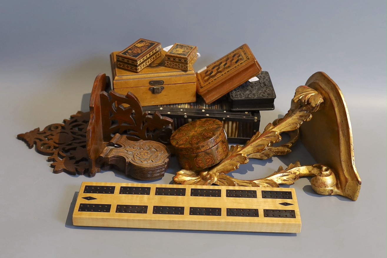 A Tunbridge ware stamp box, a similar needle box, a Victorian daguerrotype, a Sorrento box and sundries (11)